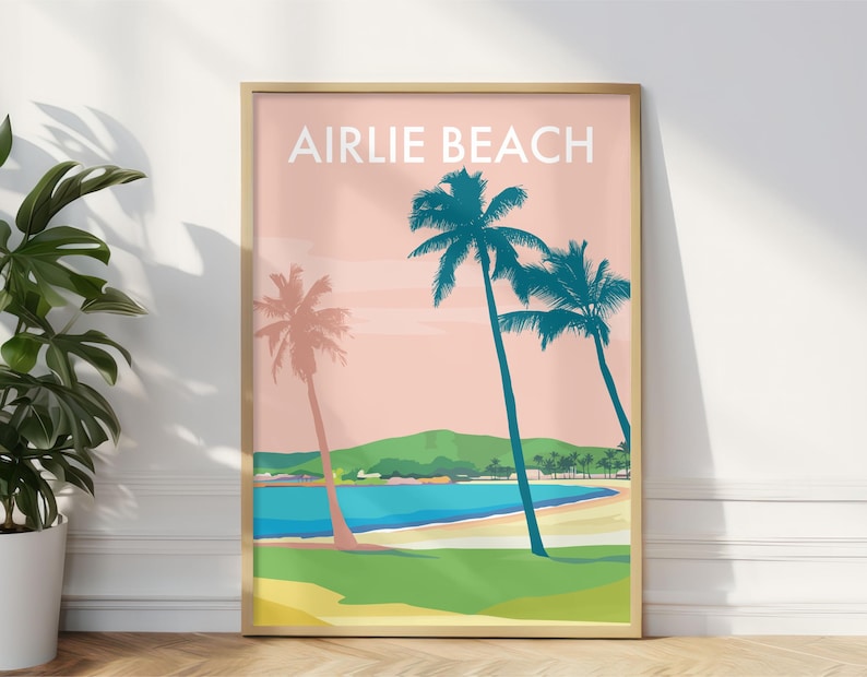 May include: A digital illustration of a beach scene with palm trees and the text "Airlie Beach" in white on a pink background.