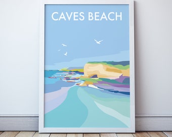 Caves Beach Art Print, Lake Macquarie NSW Travel Poster, New South Wales Coastal Illustration