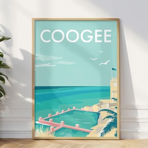May include: A vintage-style poster with the word "COOGEE" in white text on a light blue background. The poster features a depiction of a swimming pool with a building in the background and a blue ocean.