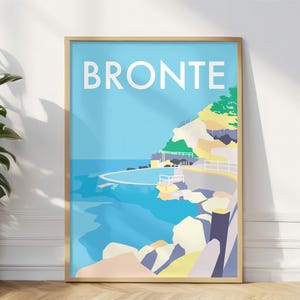 May include: A colorful illustration of a beach scene with the word "Bronte" in white text. The illustration features a blue ocean, a rocky cliff, and a swimming pool.