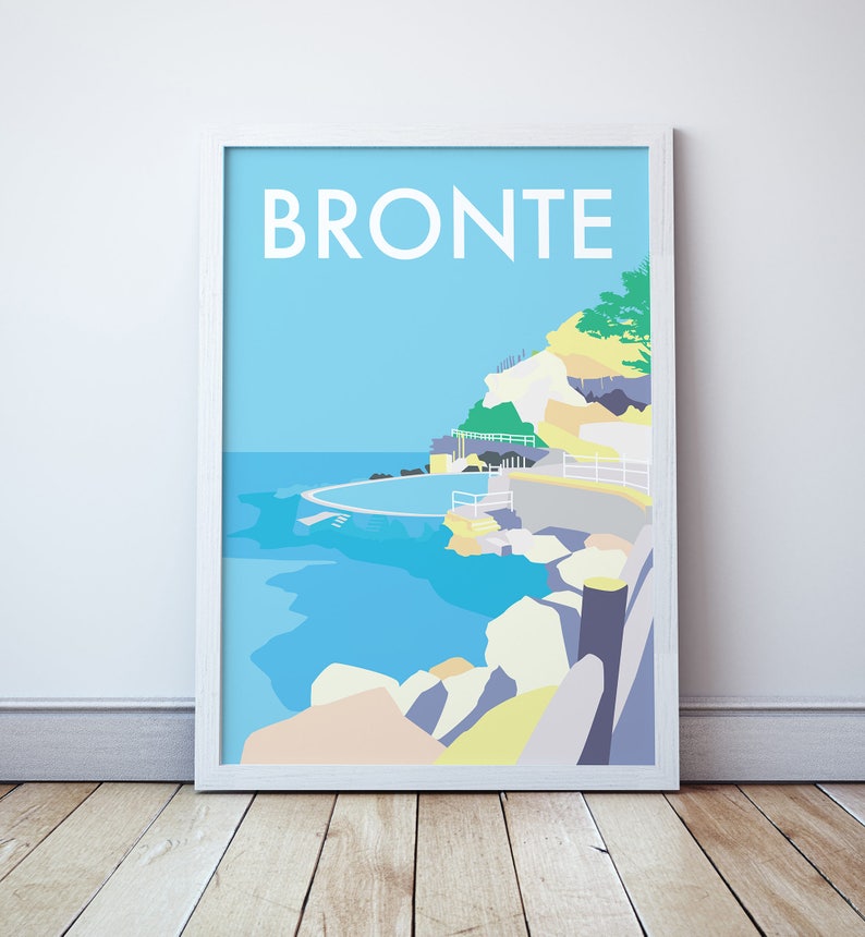 May include: A colourful illustration of a swimming pool and rocky coastline with the word "BRONT&Euml;" in white text at the top of the image.