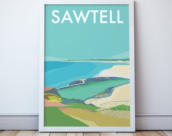 Sawtell Beach Art Print,  Coffs Harbour NSW Coast Travel Illustration, Australia Souvenir  Gift