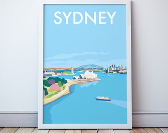 Sydney Harbour Illustration, Australian Beach Art, Seascape Prints Travel Poster, Souvenir Momento