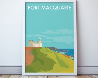 Port Macquarie Lighthouse Beach Travel Print, Vintage Style Ocean Seaside Art,  Coastal Illustration Australia