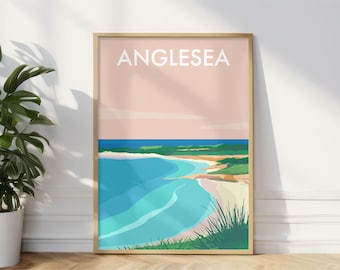 Puede incluir: Una impresión enmarcada en dorado con un fondo rosa y el texto "Anglesea" en blanco. La impresión presenta una ilustración colorida de una escena de playa con agua azul, hierba verde y una costa arenosa.