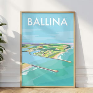 May include: A colorful illustration of Ballina, Australia, featuring a coastal town with a river and ocean. The text "BALLINA" is displayed in white letters against a blue sky.
