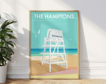 The Hamptons Art Print, Easthampton Beach Travel Poster, New York Coastal Illustration, Lifeguard Tower USA
