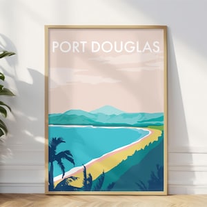 Port Douglas Beach Vintage Style Seaside  Travel Print, Poster Ocean Cairns Port Douglas Australia