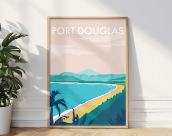 Port Douglas Beach Vintage Style Seaside  Travel Print, Poster Ocean Cairns Port Douglas Australia