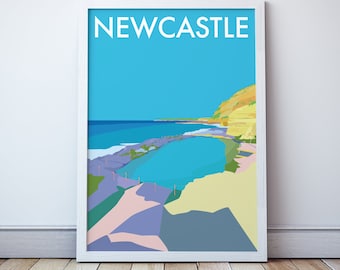 Newcastle Beach Bogey Hole Print, Ocean Pool,  Vintage Style Seaside Travel Art