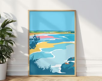 May include: A digital illustration of a beach scene with blue water, yellow sand, and pink and green land in the distance. The water has white foam waves and the sky is blue.
