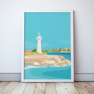 Wollongong Beach Travel Print, Vintage Style Ocean Seaside Coast Illustration, Lighthouse Wollongong Australia