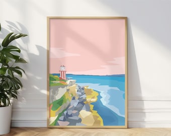May include: A digital illustration of a pink and blue seascape with a lighthouse on a cliff. The sky is a soft pink and the water is a bright blue. The lighthouse is white with a red roof.