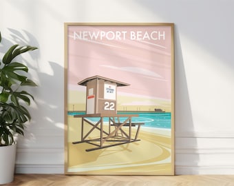 Newport Beach California Travel Print, Newport Beach Wall Art, California Beach Wall Art Illustration, Newport Beach CA