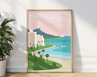Waikiki Beach Print, Oahu Travel Poster, Hawaii Coast Illustration, Honolulu Diamond Head, Hawaii Beach Art Print Poster