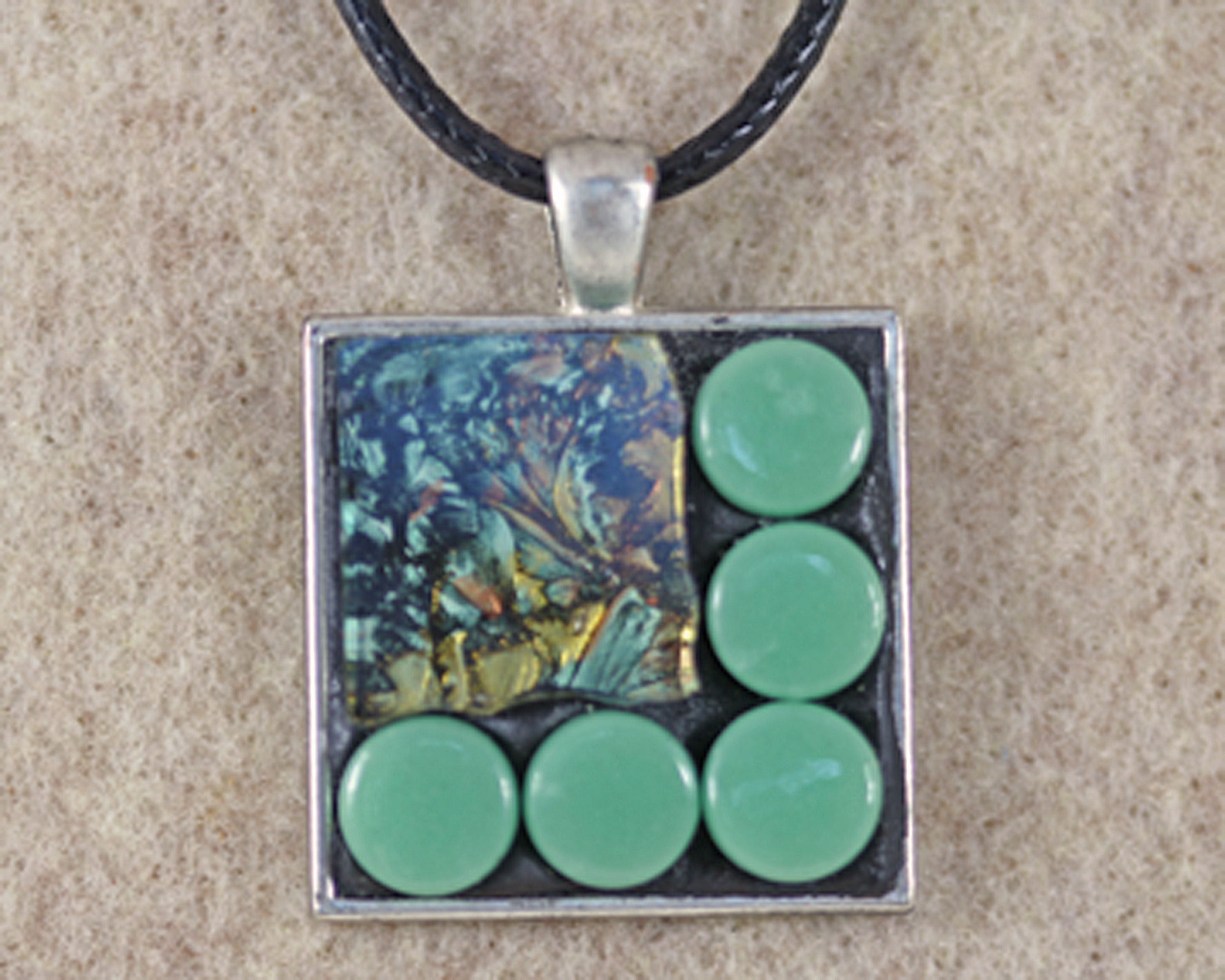 Sage Green and Gold Pendant Silver Square Necklace Casual Etsy