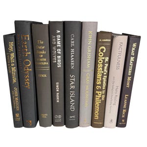 May include: A collection of hardcover books with various titles and authors. The spines are in shades of gray, black, and beige, with gold or white lettering. Titles include "Earth Odyssey," "Star Island," and "What Matters Most."
