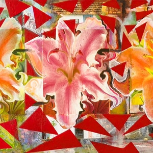 Three Flowers, Collage Art, mixed media, collage, painting