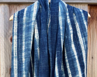 Indigo Cotton Scarf Cotton Fabric, Vintage African Mudcloth, Hand Dyed Striped Shawl Cloth