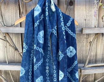 African Indigo Cotton Fabric Scarf, Hand Dyed Blue Mudcloth Scarf, Fringed Textile, Decorative Fabric Textile Scarf Shawl Tie Dye