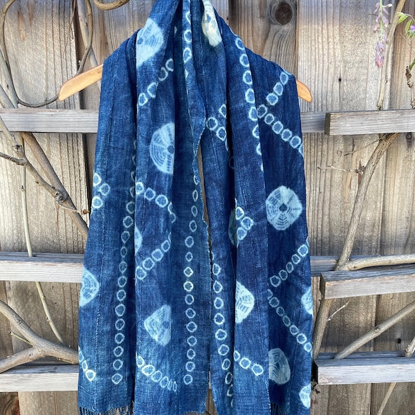 African Indigo Cotton Fabric Scarf, Hand Dyed Blue Mudcloth Scarf, Fringed Textile, Decorative Fabric Textile Scarf Shawl Tie Dye