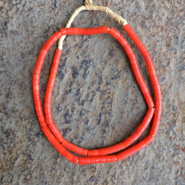 Handmade Full Strand Naga Red Glass Beads, African Venetian Red trade beads