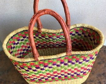 African Straw Basketry, Handwoven Baskets, Multicolored Basket, Leather Handles