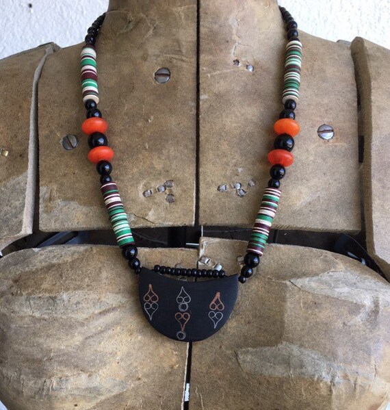 Handmade Beaded African Necklace Jewelry Boho Style Ethnic Necklace Wood Pendant Etsy