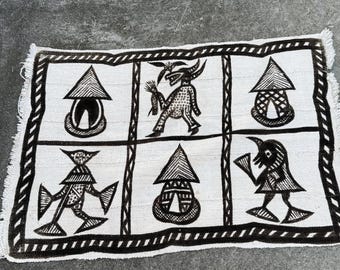 Authentic, African Mudcloth Wall Decor Tapestry, Vintage Senufo Textile Hand Dyed Painted