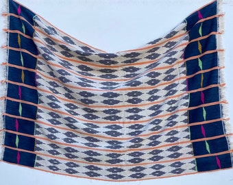 Vintage Cotton Textile, Hand Dyed African Indigo, Blue Orange Cloth, Faded Fabric, Baule Ikat Pattern