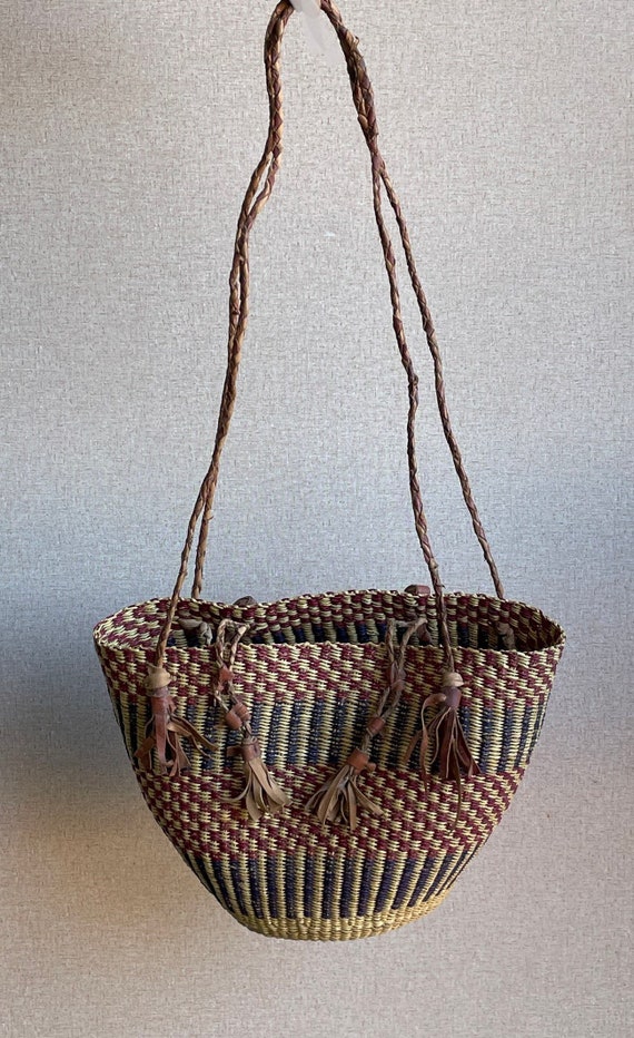 African Straw Woven Leather Handbag, Vintage Cros… - image 2