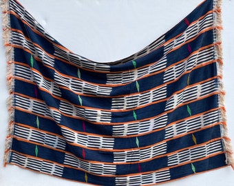 Tissu en coton indigo teint à la main, textile africain baoulé vintage, motif de tissu rayé bleu orange