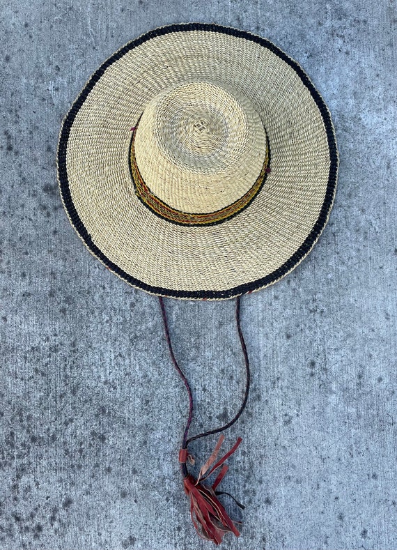 African Straw Sun Hat, Straw Woven Leather Straps,