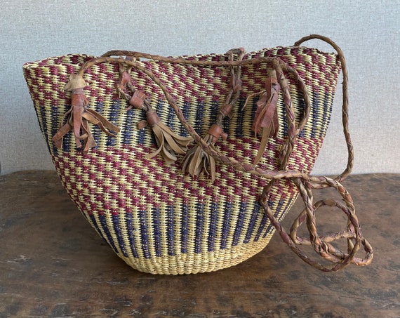 African Straw Woven Leather Handbag, Vintage Cros… - image 3