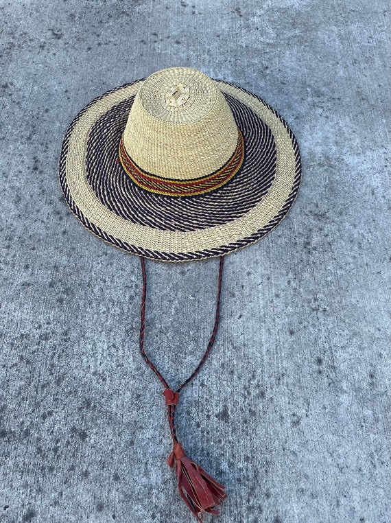 Straw Wide Sun Hat Leather Straps, Woven African S