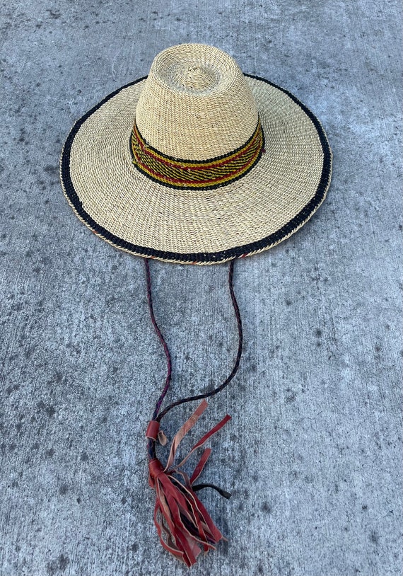 African Straw Sun Hat, Straw Woven Leather Straps… - image 2