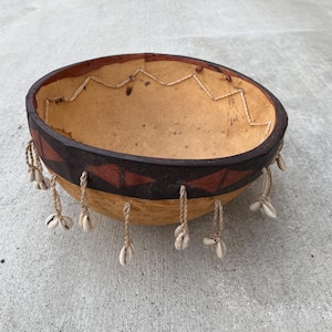 Handcrafted African Calabash Bowl with Cowrie Shells, Boho Ethnic Gourd Catchall