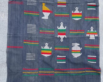 Vintage Handwoven African Tribal Textile, Embroidered Folk Art Wall Hanging (59x39 inches)