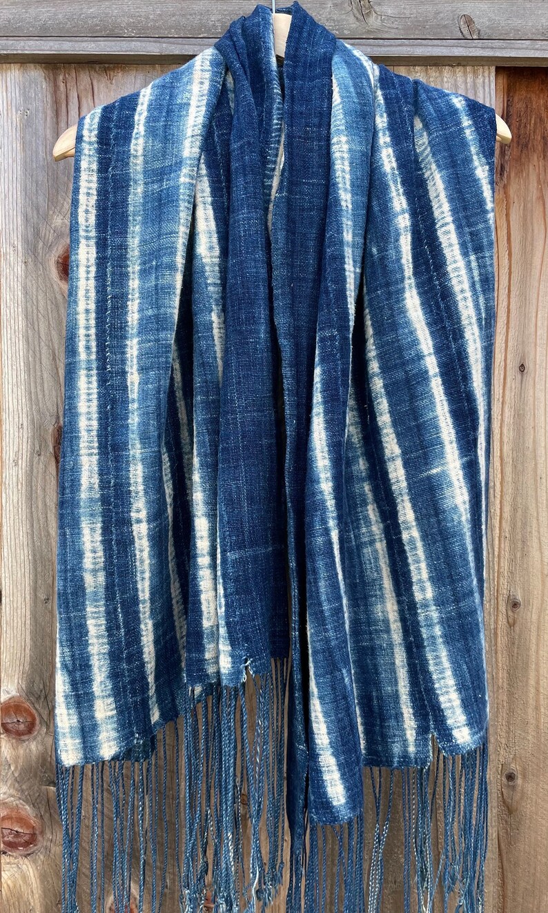 Handcrafted African - Scarves Shawls - Vintage Indigo - Tribal Scarves Mudcloth - Accessories - Indigo Cotton Scarf Cotton Fabric, Vintage African Mudcloth, Hand Dyed Striped Shawl Cloth