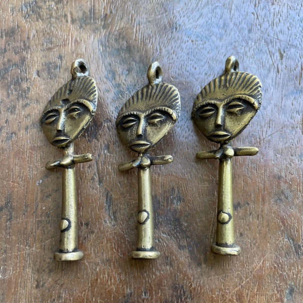 Handmade Vintage,  Akuba Ashanti Fertility Doll Bronze Pendant, Tribal Jewelry Sculpture, set of 3