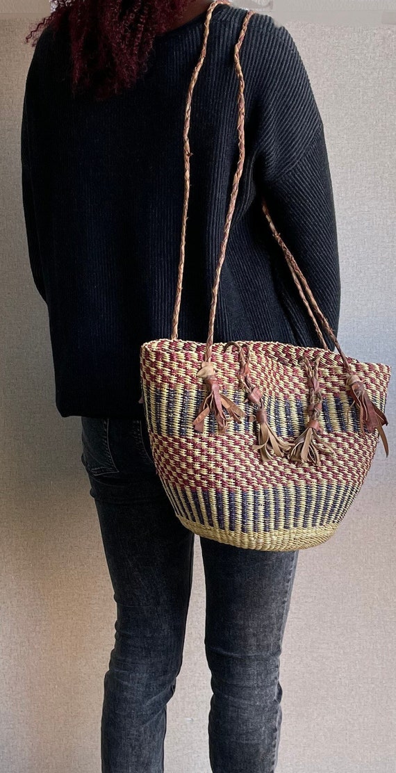 African Straw Woven Leather Handbag, Vintage Cros… - image 1