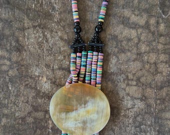 Tribal Glass Beaded Necklace, African Handmade Jewelry Bone Pendant