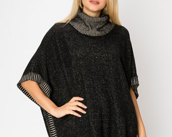 Women Sweater Poncho, Adjustable Cowl Collar Poncho, Short Sleeve Poncho Sweater, Poncho with Contrast Color Rib Trim