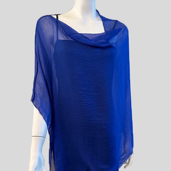 Lightweight Poncho With Asymmetrical Hem, Blue Color Sheer Poncho, Great Accent apiece To Dress Up Any Outfit