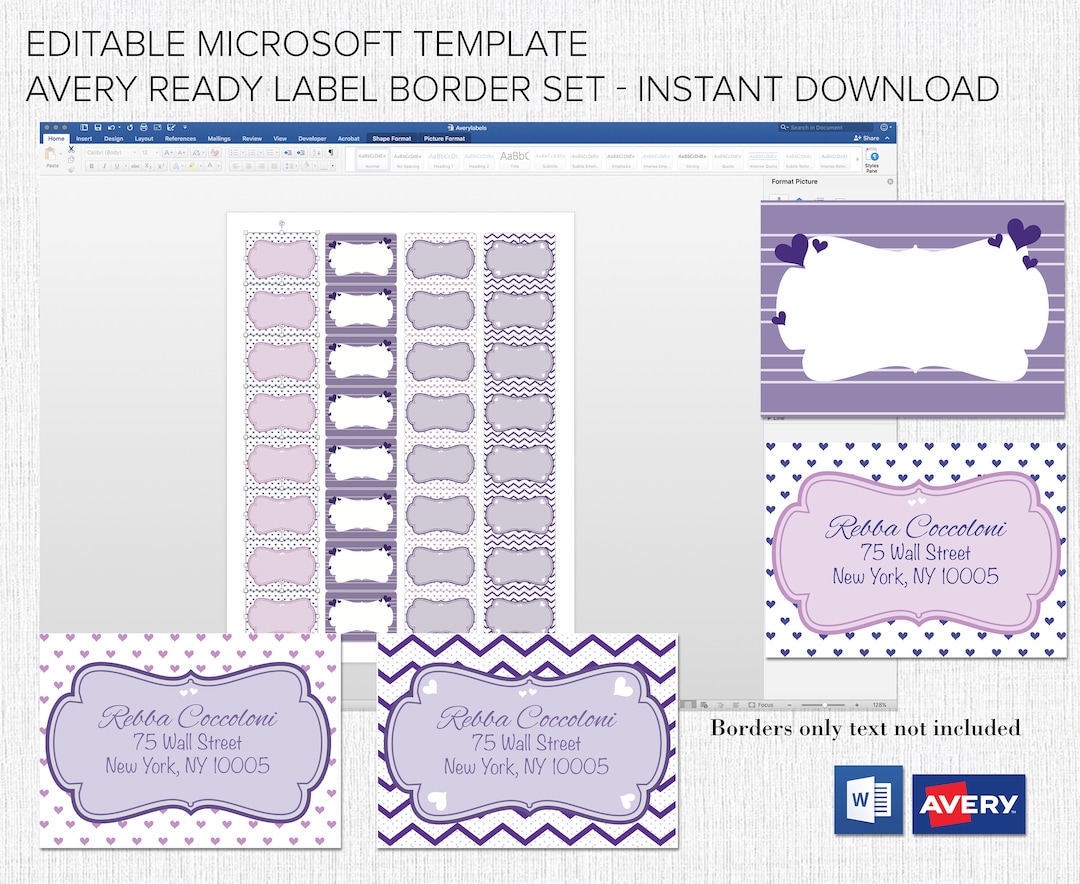 Address Label Borders Editable in Microsoft™ Word Printable on Avery
