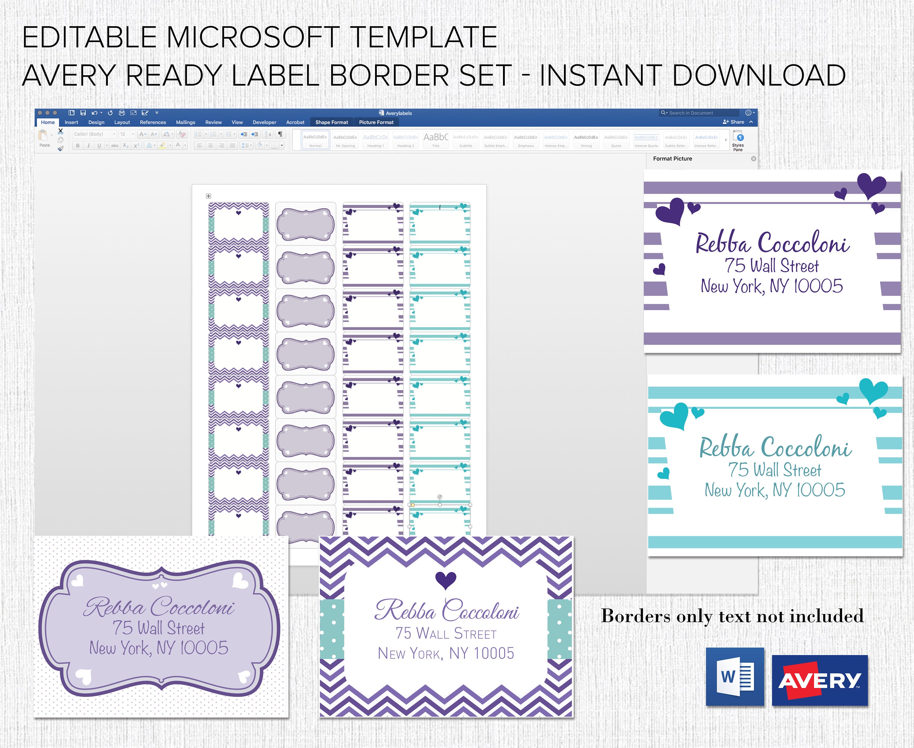 Address Label Borders Editable in Microsoft™ Word Printable Etsy