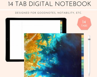 Diario de cuaderno digital de acuarela en negrita con pestañas horizontales de 14 secciones / Descargar con hipervínculos / Bueno para GoodNotes/Notability