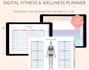 Planificador digital de fitness y bienestar / Pegatinas de fitness / Diario de salud / Descarga con hipervínculos / GoodNotes/Notability / Horizontal