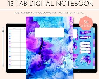 Diario de cuaderno digital de acuarela azul/púrpura con pestañas verticales de 15 secciones / Descargar con hipervínculos / Bueno para GoodNotes/Notability
