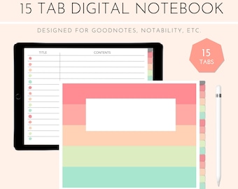 Cuaderno digital arcoíris con 15 secciones y pestañas horizontales / Descarga con hipervínculos / Good for GoodNotes/Notability
